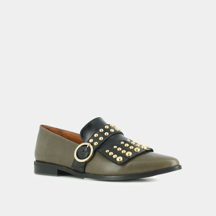 Mocassins à boucles et pattes frangées  en cuir kaki