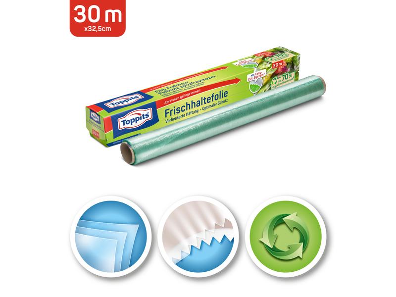 Toppits Frischhaltefolie 1 Stück, Transparent Frischhaltefolie mit integriertem Schneid-System