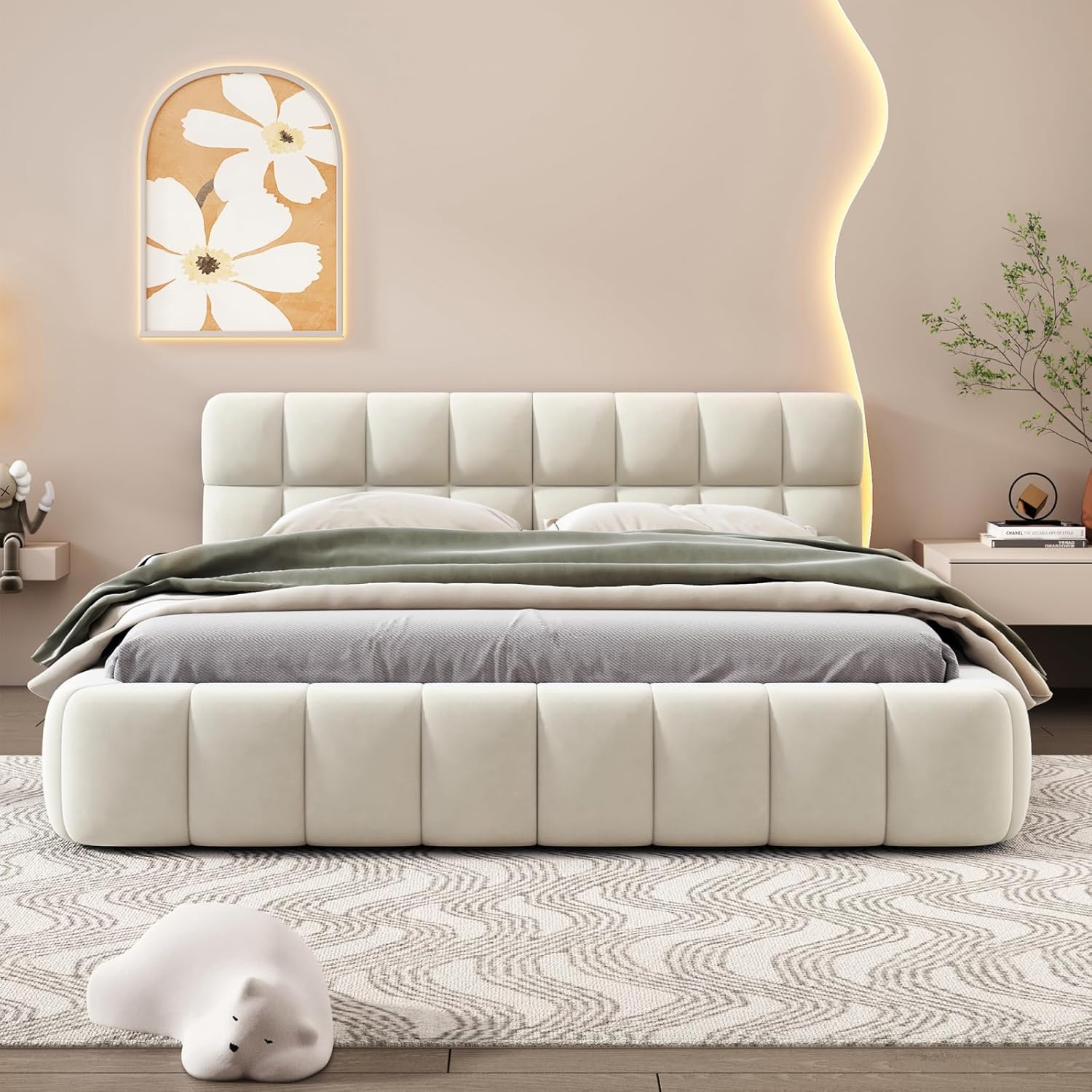 Polsterbett 140 x 200 cm, Doppelbett 140x200 mit Lattenrost, Bubble Bett Bettgestell, Jugendbett mit Gepolstertes Kopfteil, Leinen, Ohne Matratze (Beige, 140 * 200)