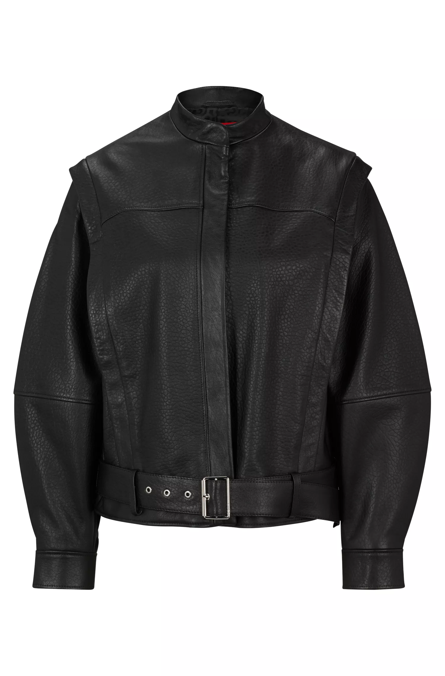 Jaqueta de couro HUGO vermelha, modelagem oversized e mangas removíveis com zíper.