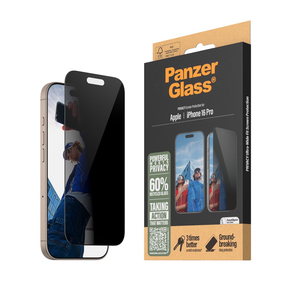 PanzerGlass - Skærmbeskyttelse Privacy - iPhone 16 Pro - Ultra Wide Fit
