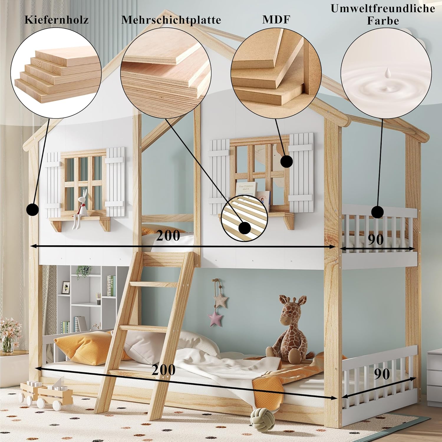 Etagenbett Kinderbett 90x200, Hochbett Hausbett für 2 Kinder, Stockbett mit Leiter&Fenstern&Dach&Regalen, Doppelbett Holzbett Jugendbett mit Lattenrost&Rausfallschutz, Kiefer, Ohne Matratze,Weiß+Natur