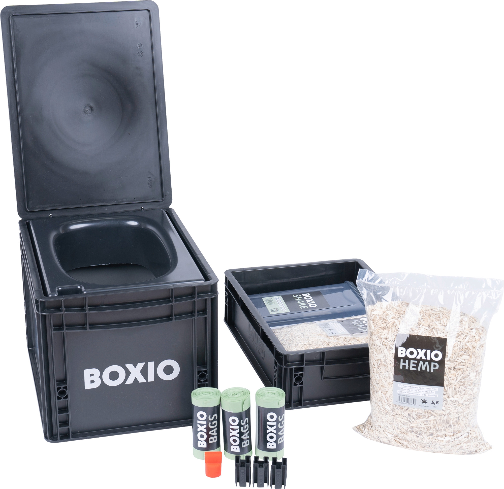 Boxio Toilet Max Plus Trenntoilette Komplettset bestehend aus Toilet / Solo-Up / Plug / 2 x Hanfstreu / 3 x Bags / Shake / 6 x Clips