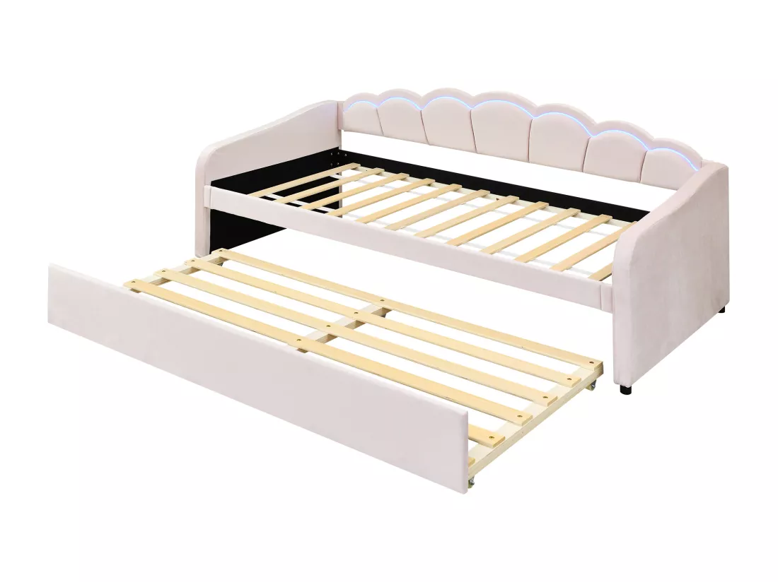 Lit banquette 90x200cm avec LED + lit gigogne 90x190cm - rembourré en tissu velours - Rose (matelas non inclus)