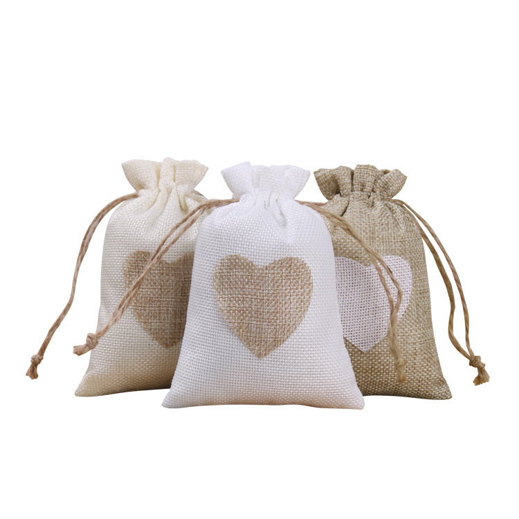 (5er Set) 10x8cm Jute Geschenk Beutel Herz Gift Bag mit Kordelzug - Braun / Weiss