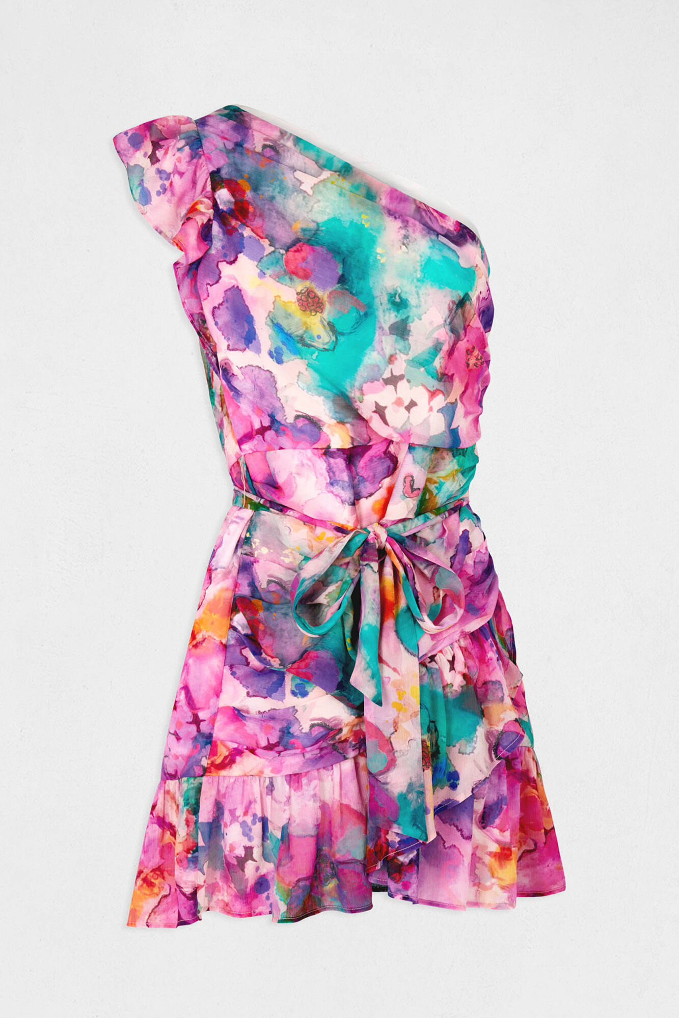 Vestido assimétrico estampado e ajustado - Multicolorido
