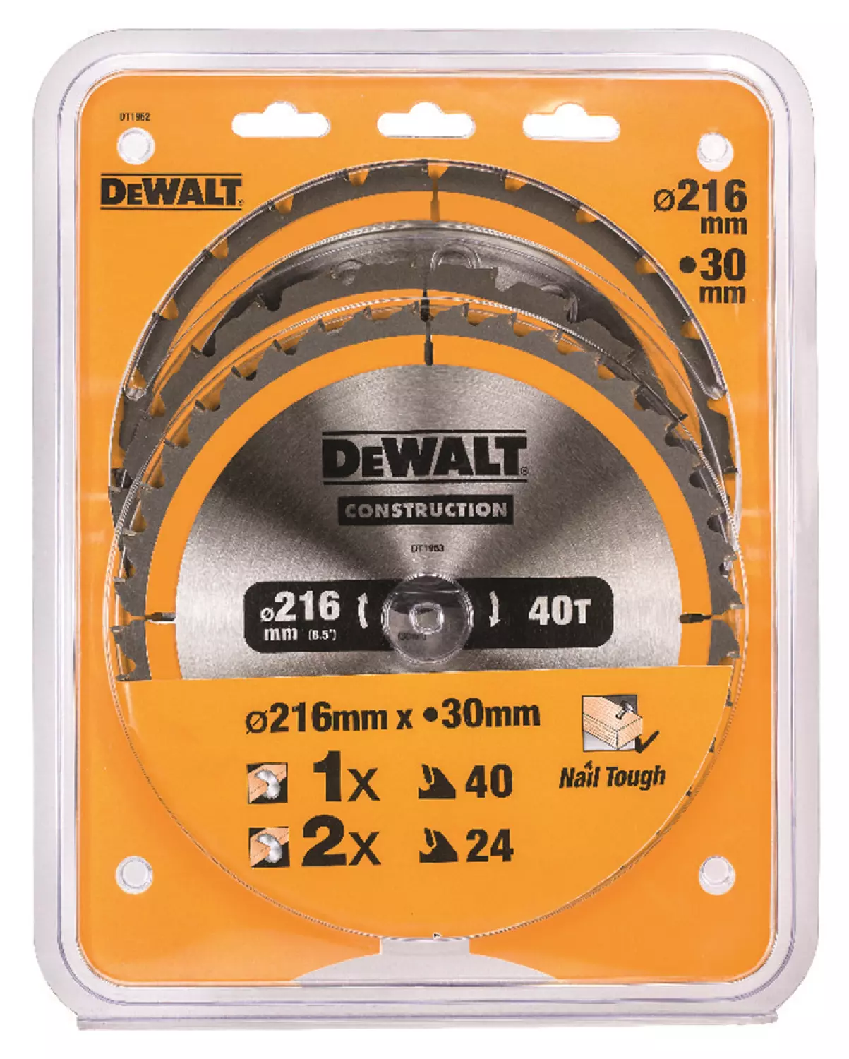 DeWALT DT1962 3-delige Construction Cirkelzaagbladen set - 216 x 30 x 24T / 40T - Hout (Met nagels)
