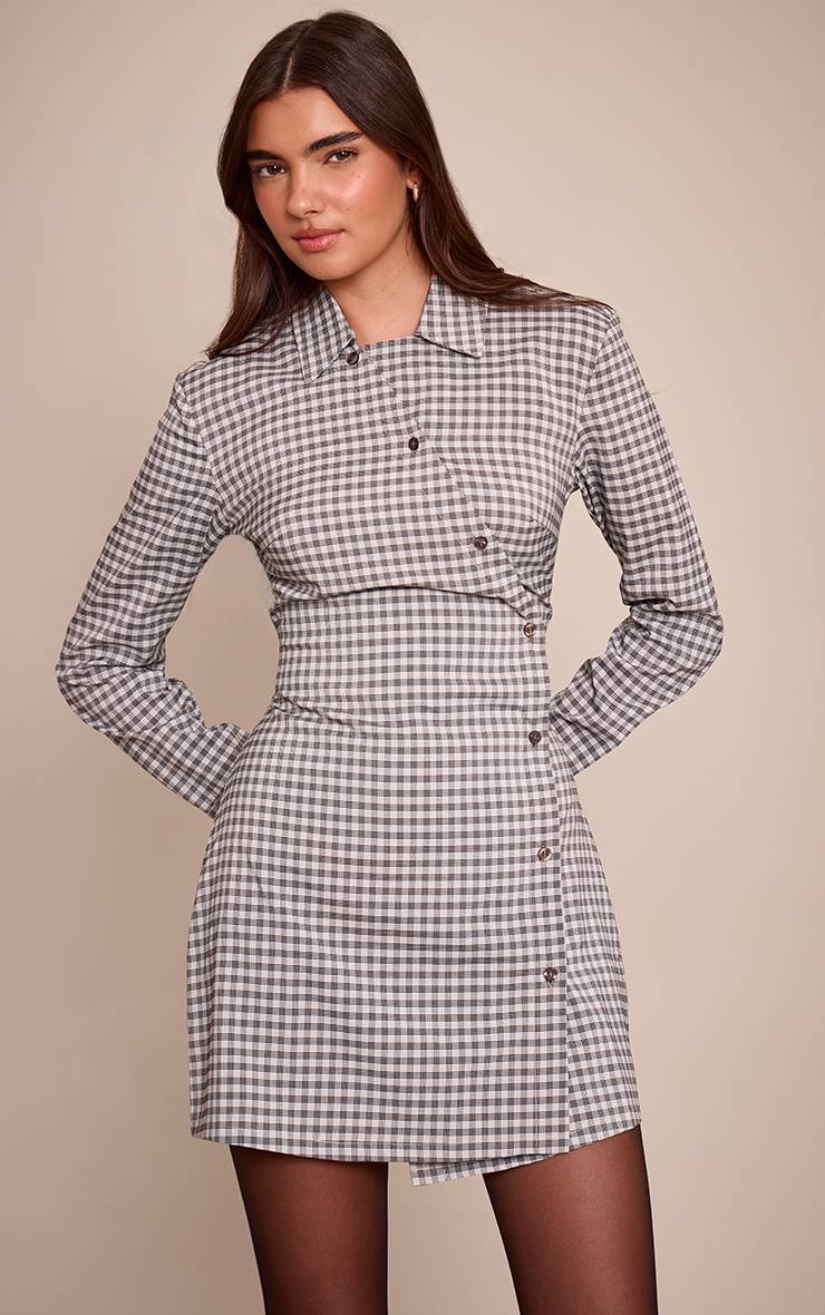 Gris Robe Chemise À Carreaux Boutonnée