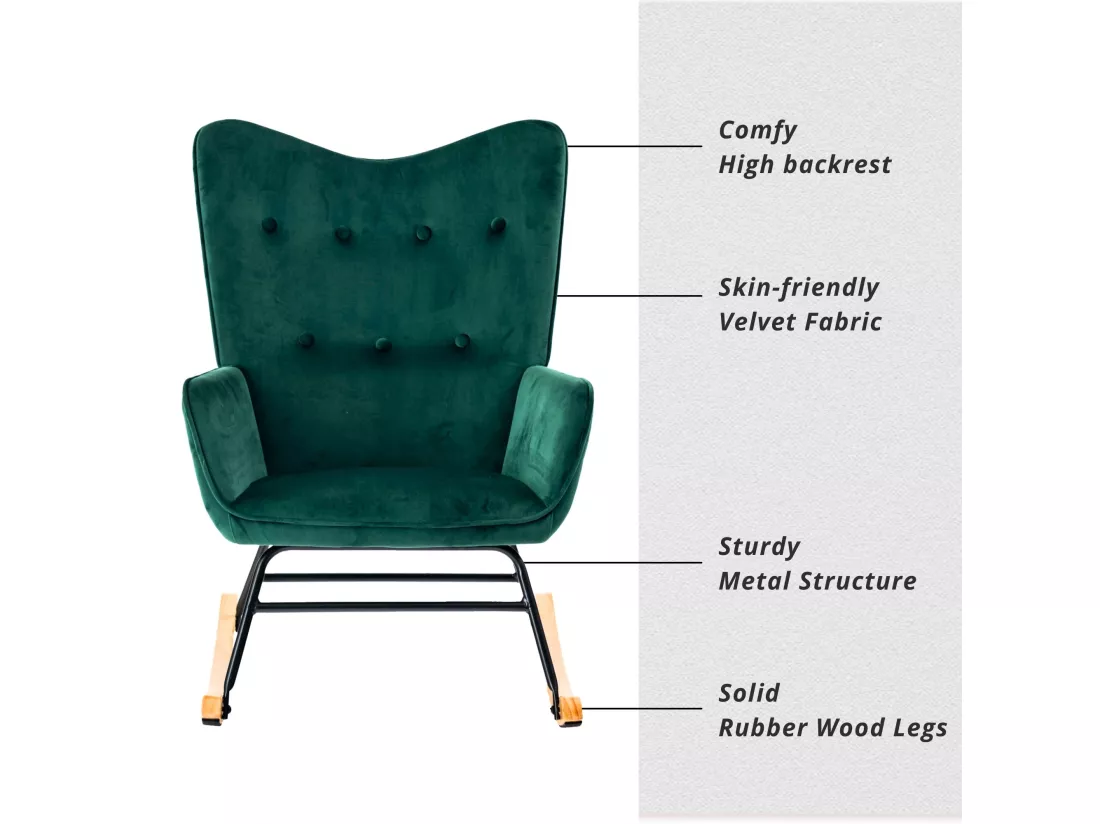 URBAN MEUBLE Fauteuil à bascule Scandinave velours vert pieds en bois foncé EPPING SMALL VELVET GREEN
