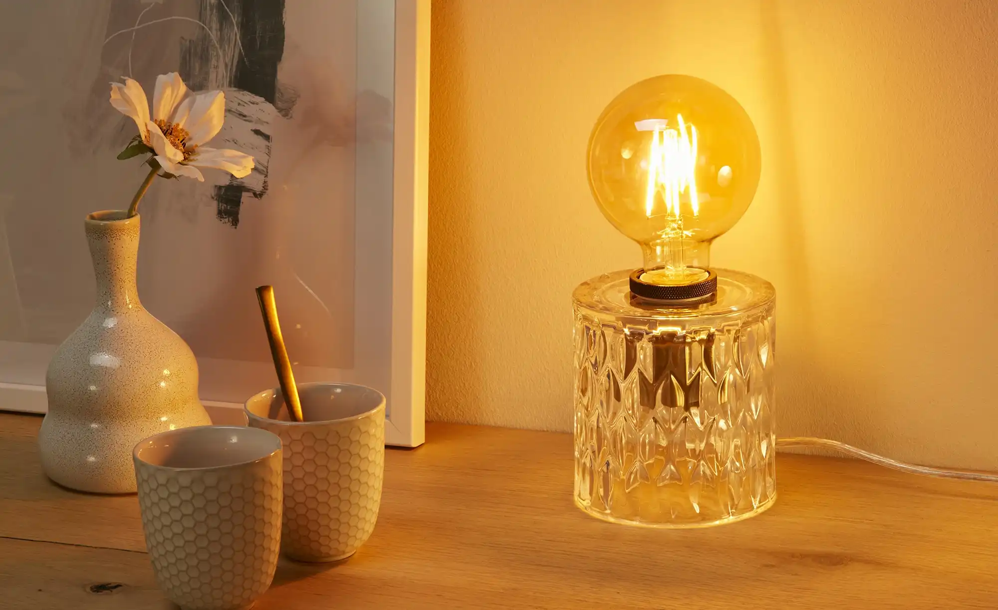 levelone Tischleuchte, 1-flammig, Glas in Kristall-Optik