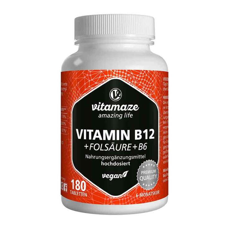 Vitamin B12 1.000 µg hochdosiert + B9 + B6 vegan Tabletten , 180 St