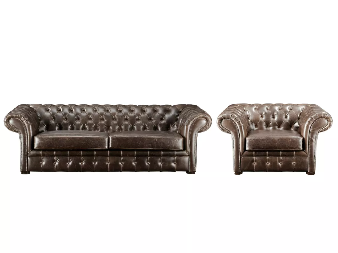 Canapé 3 places et un fauteuil 100% cuir vieilli chesterfield CLOTAIRE