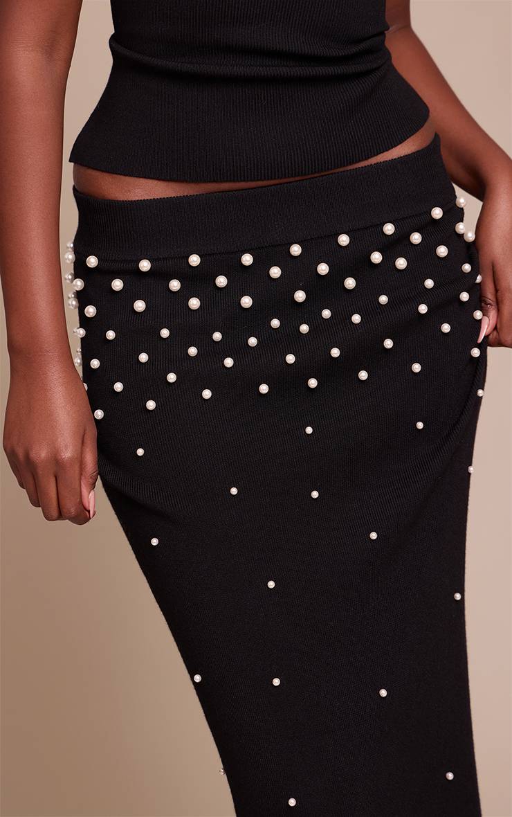Noir Jupe Longue En Maille À Détails Ornés De Perles