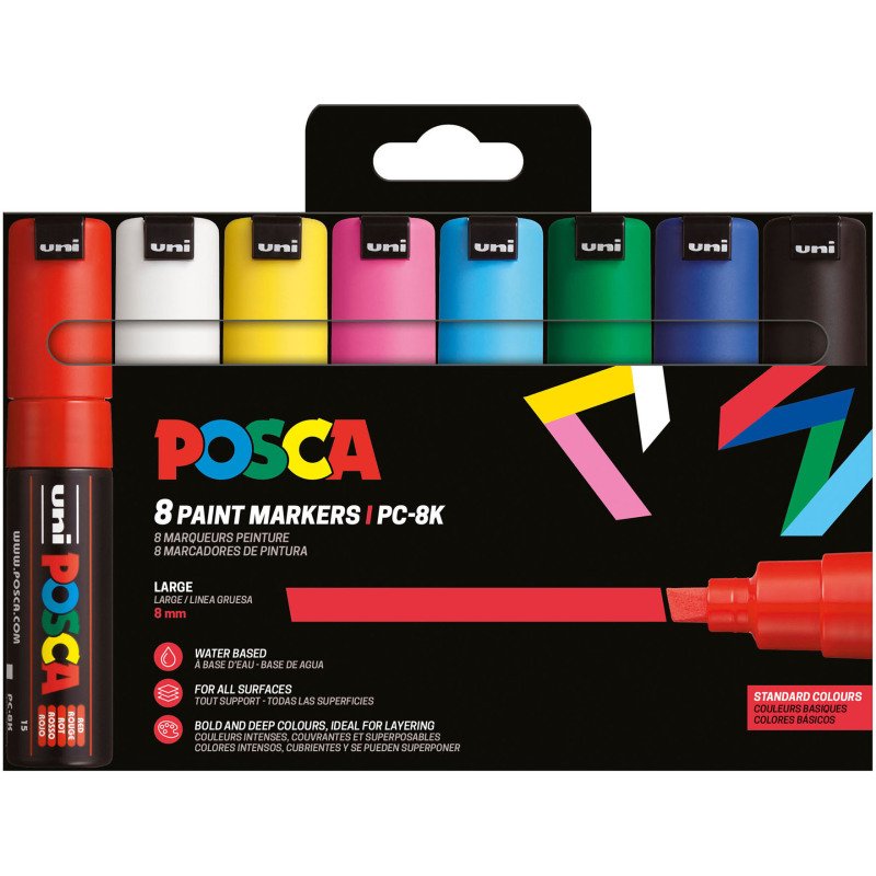 Marqueur Posca PC8K couleurs assorties pointe biseautée 8 mm - Etui de 8