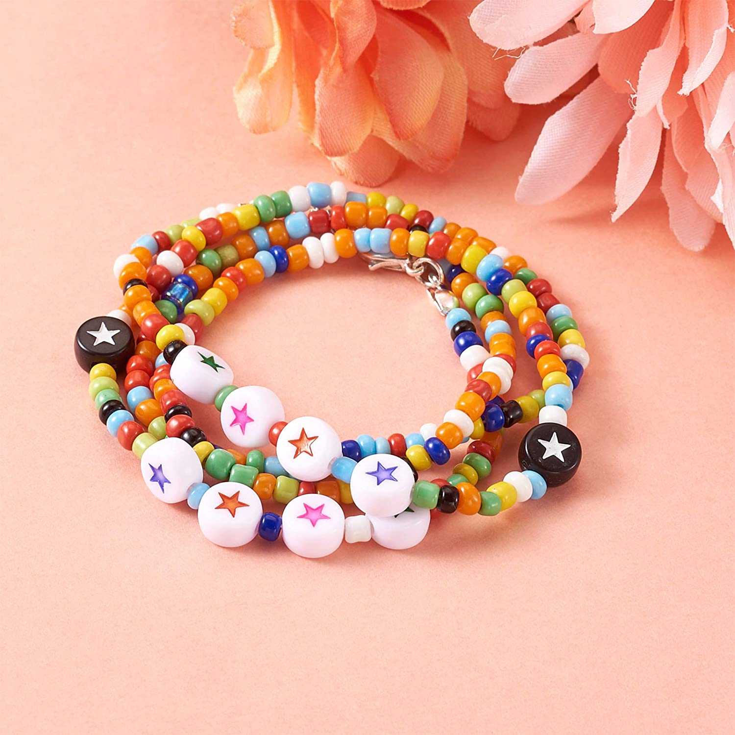 (100er Set) Stern Perlen DIY Bastel Schmuck Zwischenperle für Armband / Kette - Weiss / Bunt