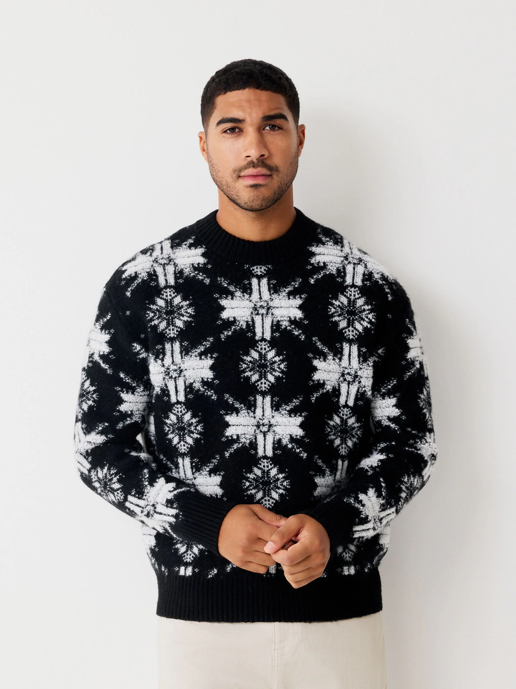 Zwart/wit - Regular Fit Snowflake Pattern Christmas Crew Neck Jumper with Wool