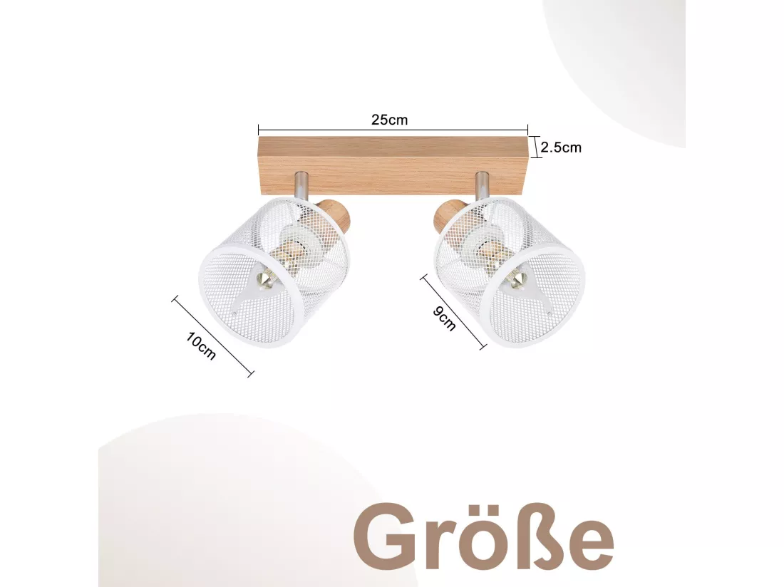 NETTLIFE Plafonnier 2 Spots blanc aspect bois - plafonnier E14 orientable 350° 4 ampoules max 25w moderne pour salon chambre cuisine.