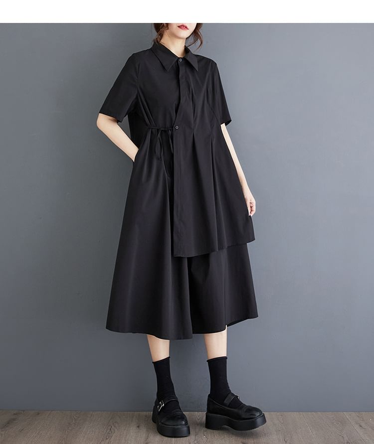 Shinobu - Asymmetrische midi-A-lijn overhemdjurk met korte mouwen