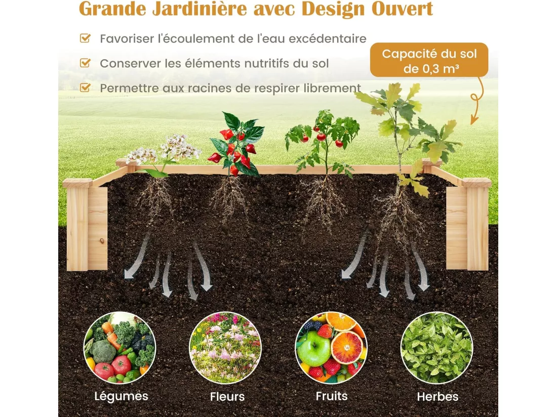 Jardinière Surélevée en Bois Base Ouverte, Grand Lit de Jardin Carré avec Bac à Compost pour Légumes Fleurs Herbes, pour Patio Balcon, Naturel, 124 x 124 x 25,5 cm