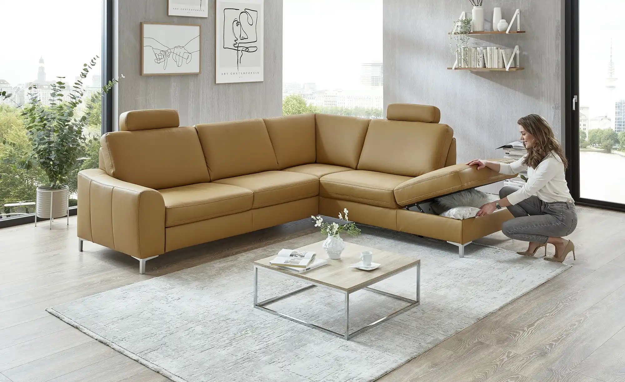 meinSofa Ecksofa mit Sitz und Rückenlehne aus Echtleder Lea