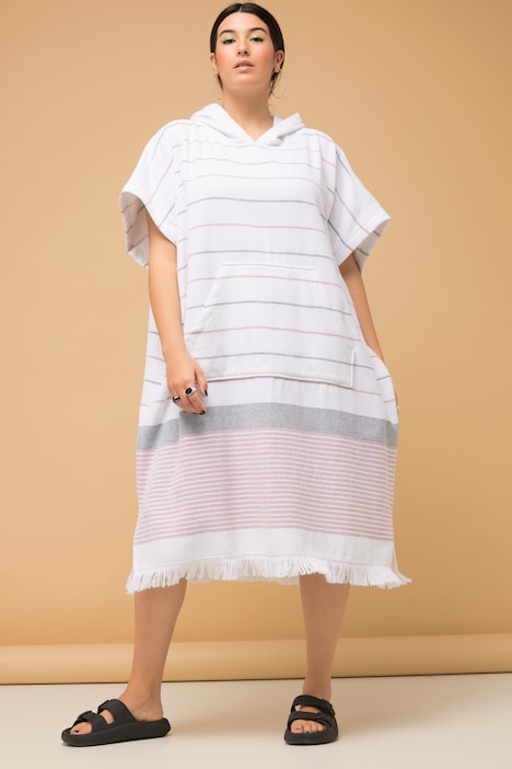 Badeponcho, Boxy Shape, Kapuze, Fransen, Streifen