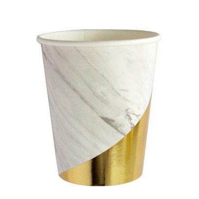 (30er Set) Einweg Papp Becher Party Geschirr Tisch Deko Trinkbecher in Marble Optik - Weiss / Gold