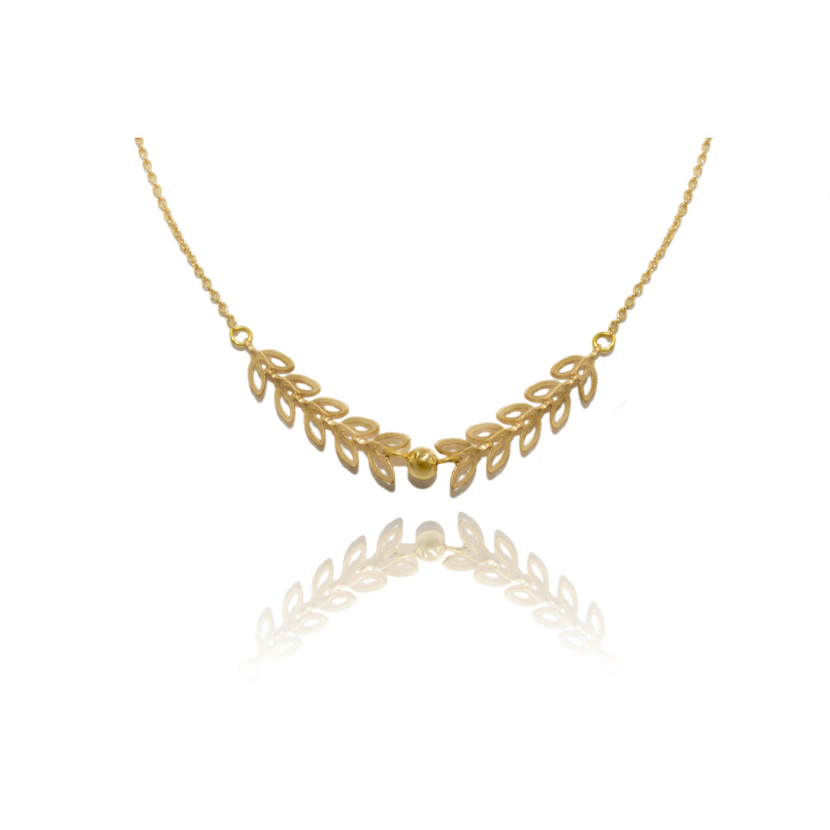 Collier  feuilles de laurier perle dorée- doré à l 'or fin