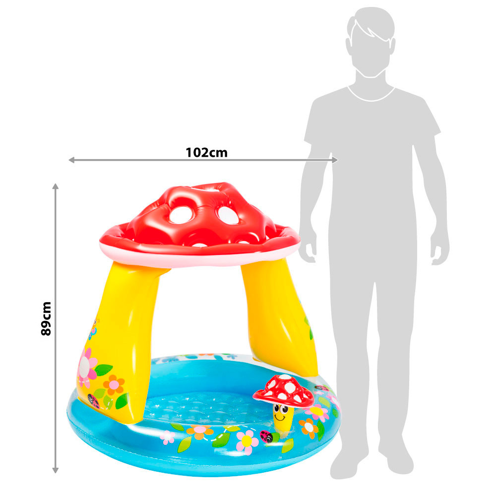 Piscina inflável infantil Intex com guarda-sol em formato de cogumelo.