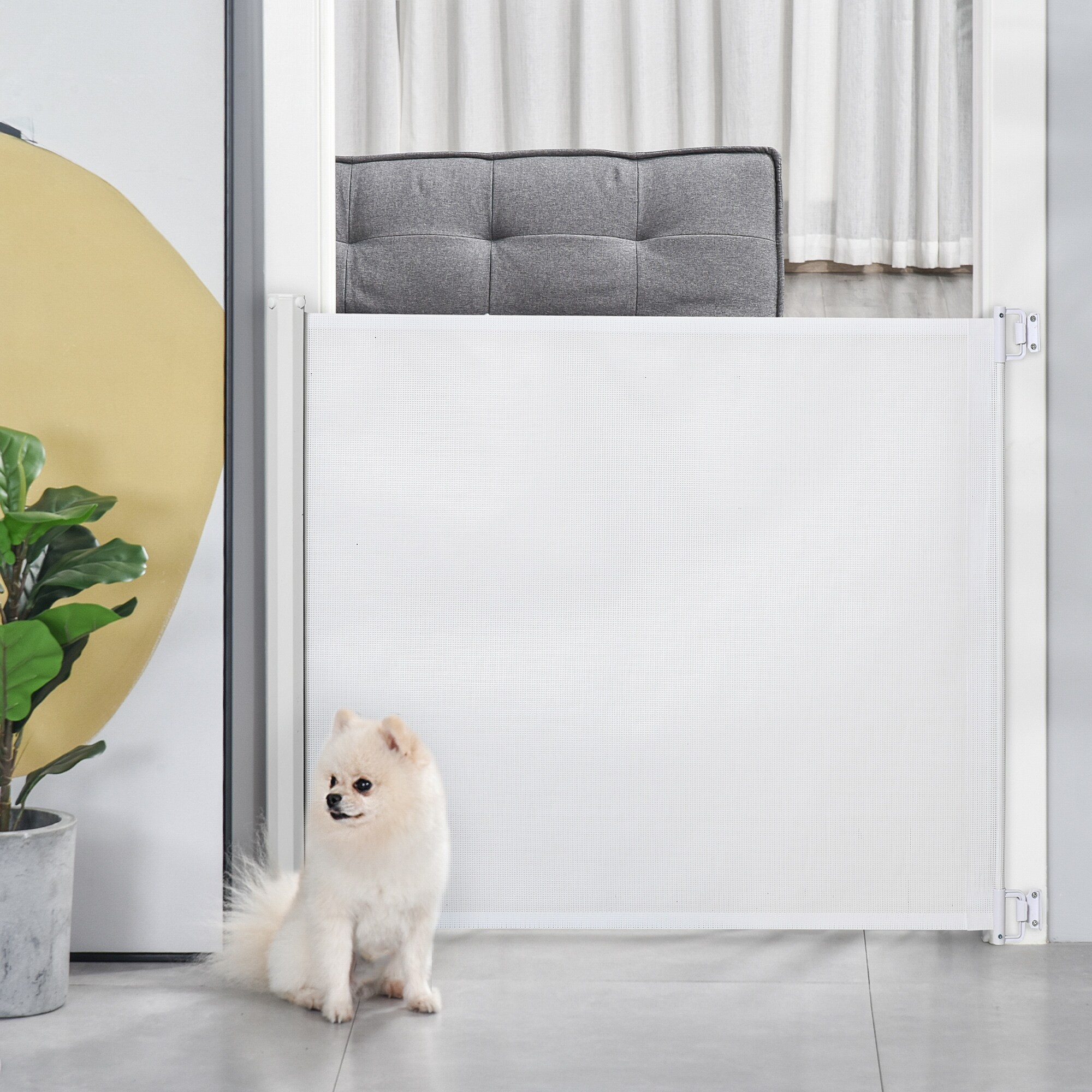 PawHut Hunde-Trennwand mit automatischer Aufrollenfunktion weiß 115L x 5,5B x 82,5H cm