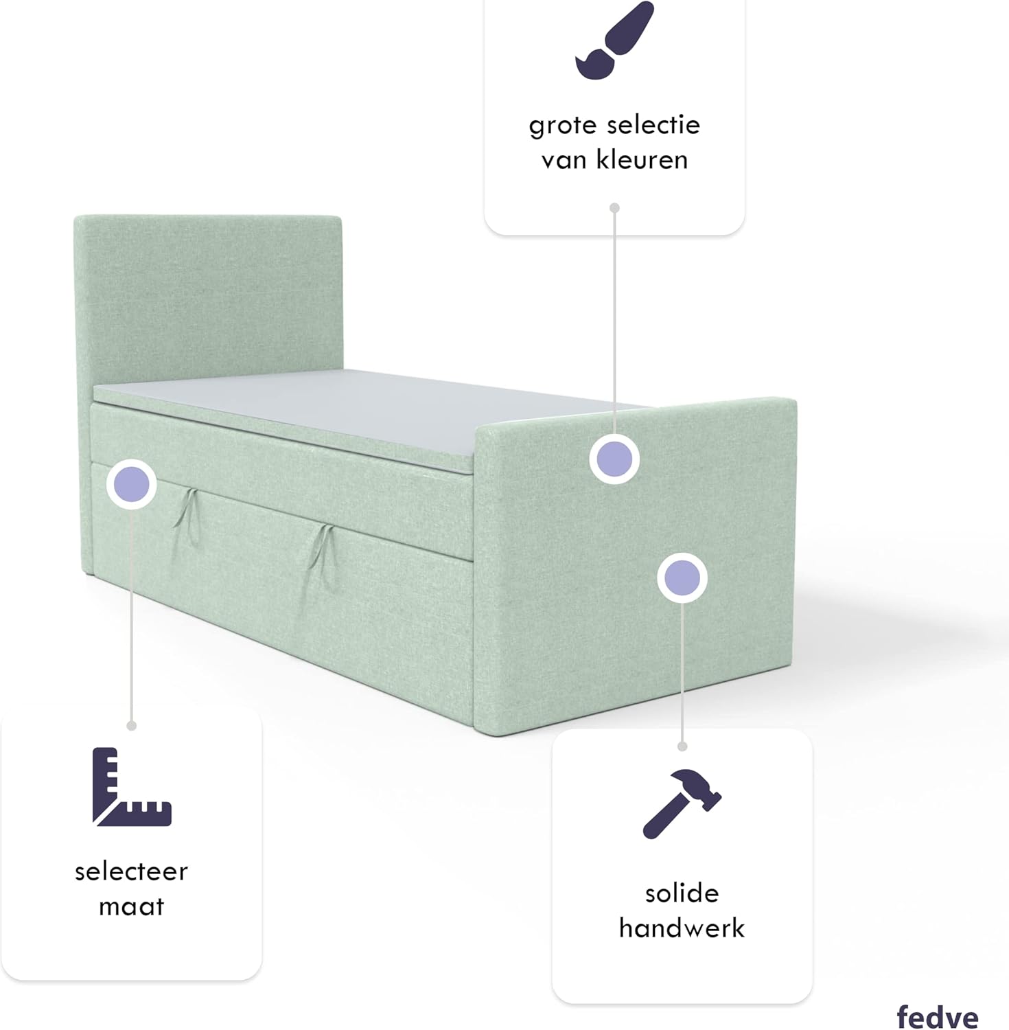FEDVE Boxspringbett 100x200 Pastellgrün – Lautaro - Praktisches Bett mit Bettkasten – Gemütlich Einzelbett zum Schlafzimmer – Stabiles Kopfteil Bett mit Stauraum