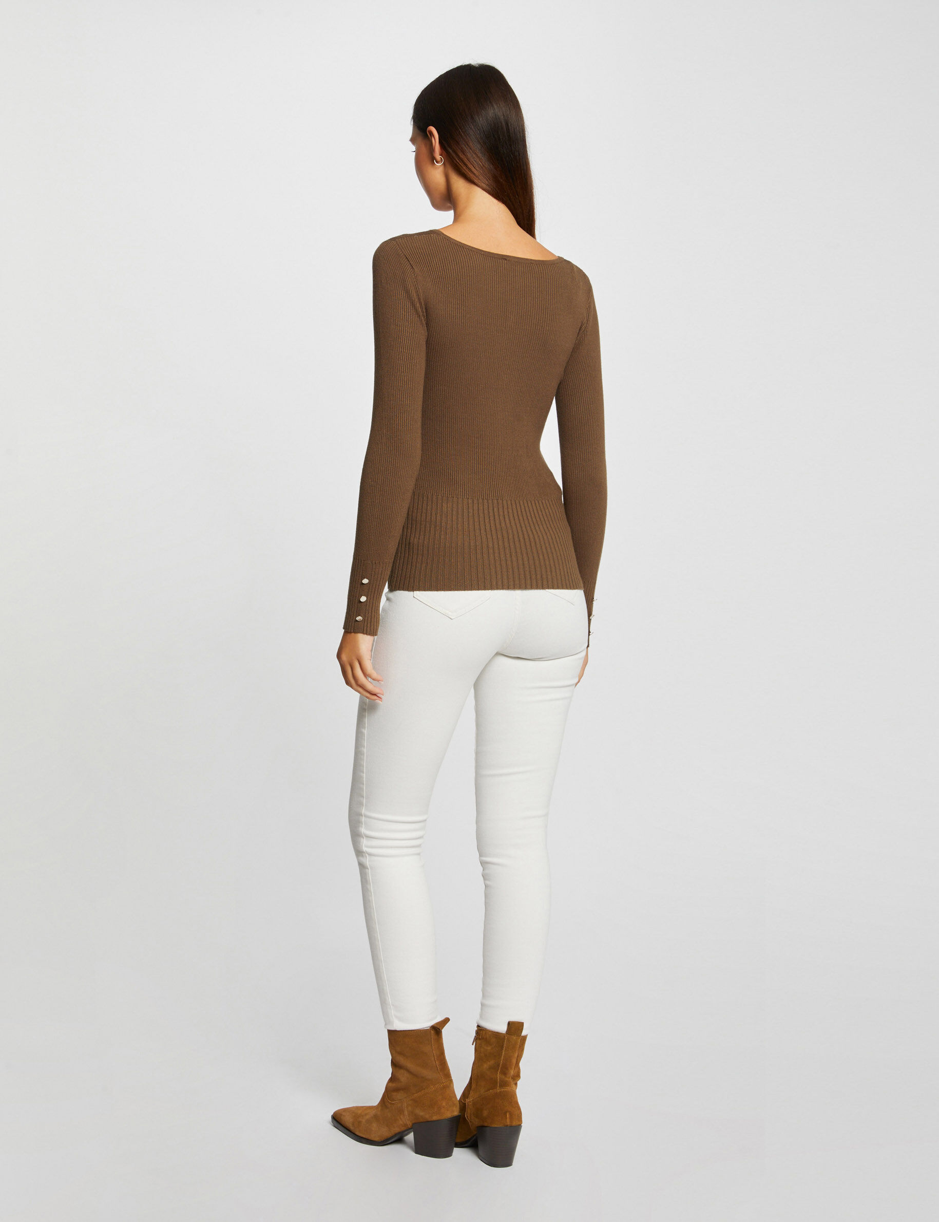 Pull manches longues côtelé à col en V vert moyen femme - vert_moyen