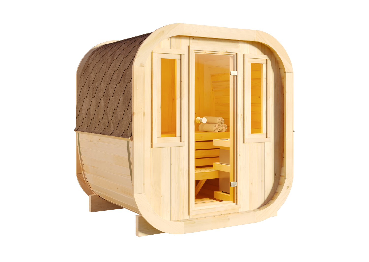 FinnTherm ScandiCube Mini XS Barrelsauna met 2 houten banken, wanddikte 42 mm, buitensauna met bevestigingsmateriaal, 2 ramen, natuurlijke afwerking, 2,1 x 1,6 m