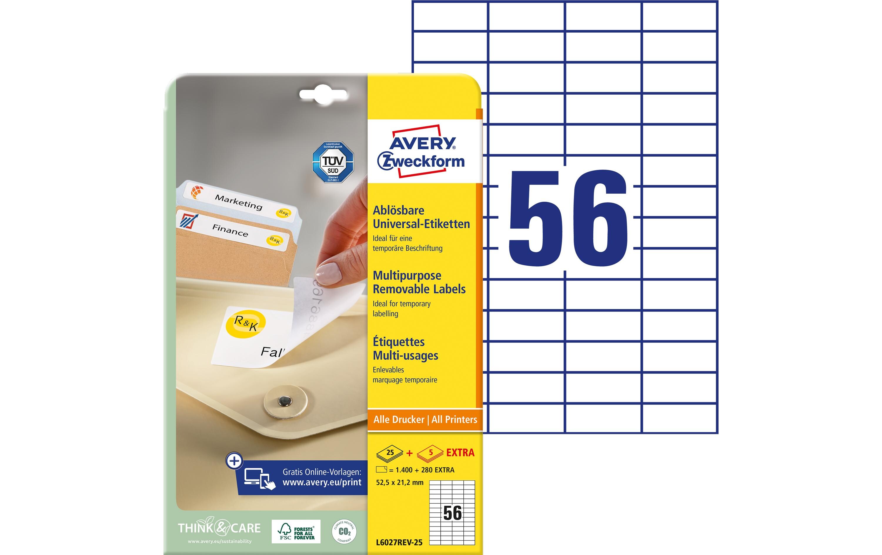 Universal-Etiketten L6027REV-25, 52.5 x 21.2 mm, 30 BlattAblösbare Etiketten