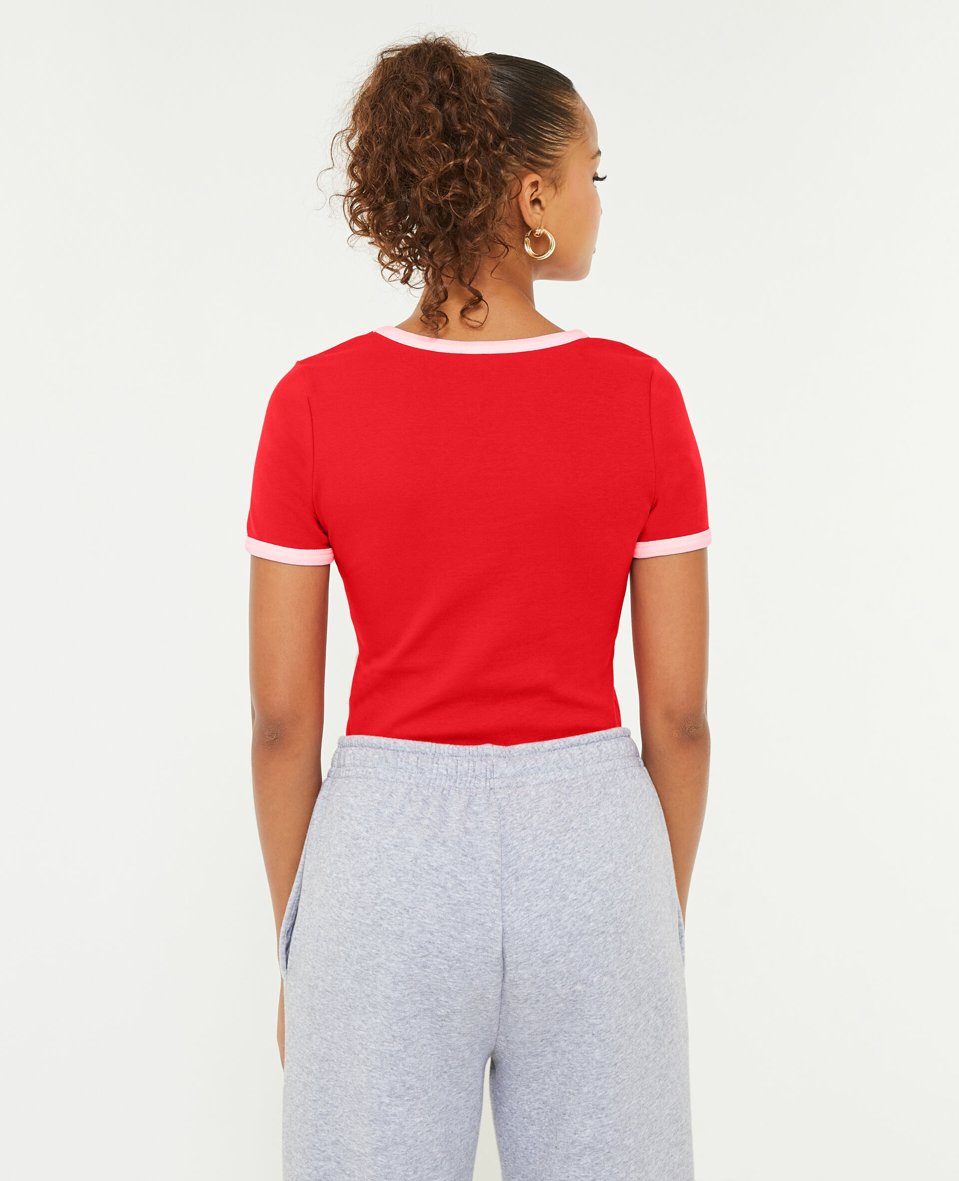 T-shirt manches courtes avec bords contrastés - Rouge