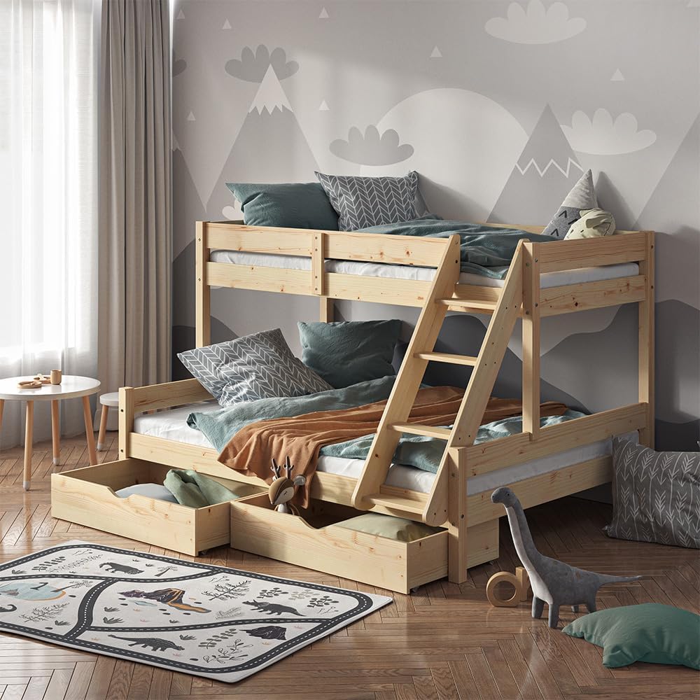 Etagenbett 140x200 / 90x200 cm Everest mit Schubladen - Naturholz 208x131x159 cm aus Holz - Bett für Kinder & Gäste, inklusive Lattenroste