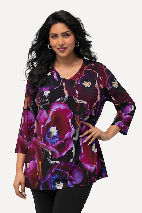 Slinkyshirt, Tulpen, V-Ausschnitt, 3/4-Arm