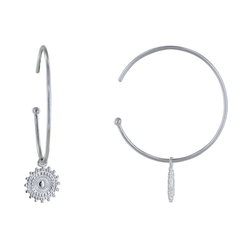 Boucles d'Oreilles Argent Rhodié Demi Créoles et Soleil