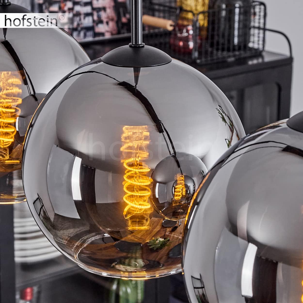 Hängeleuchte Koyoto, Hängelampe aus Metall/Glas in Schwarz/Chromfarben/Klar, Leuchte 5-flammig im Vintage/Retro Design mit Schirmen aus Glas (Ø 20 cm), Höhe max. 152,5 cm, 5 x E27, ohne Leuchtmittel
