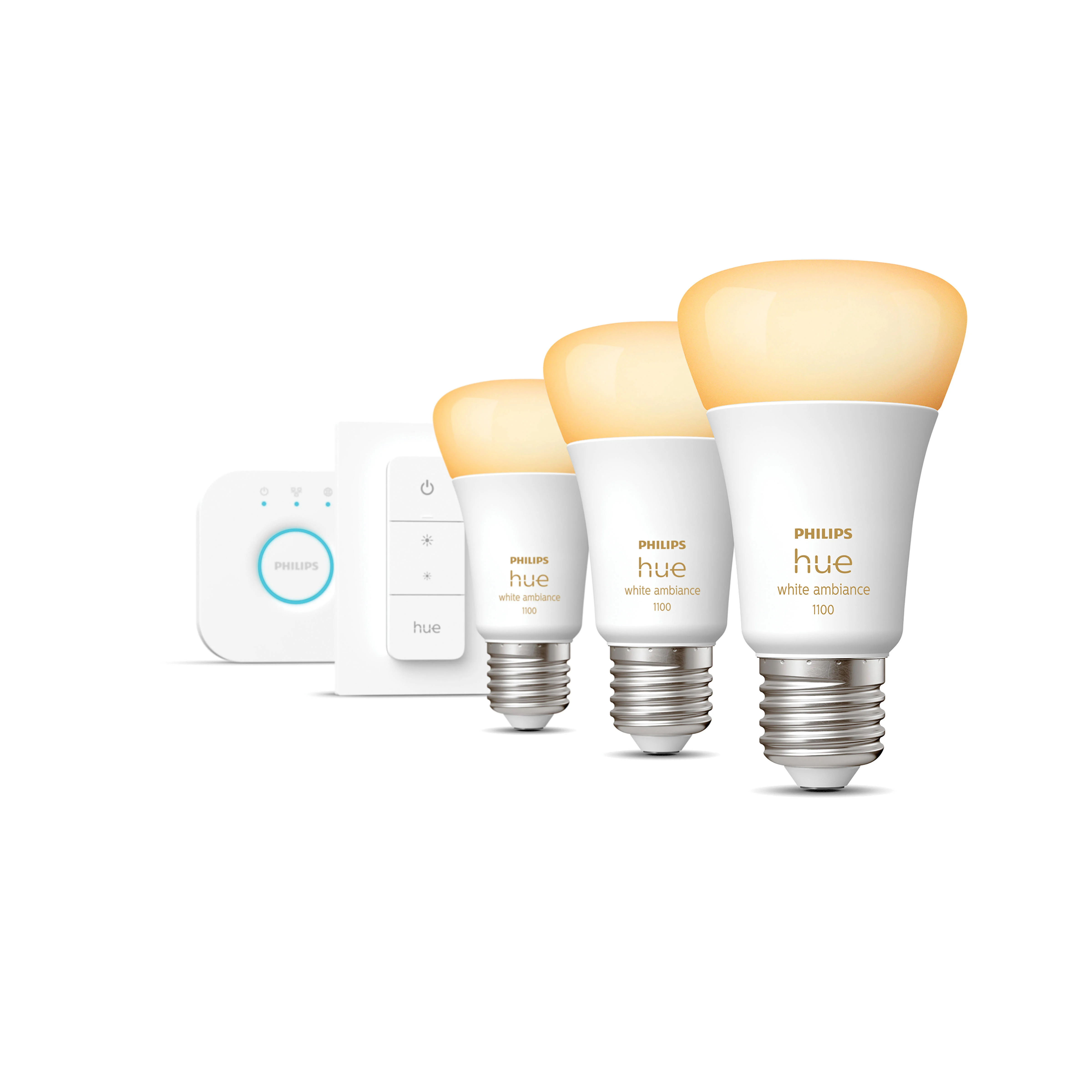 Philips Hue starterkit - warm tot koelwit licht - 3 lampen - E27 - 1100lm - 1 dimmer switch