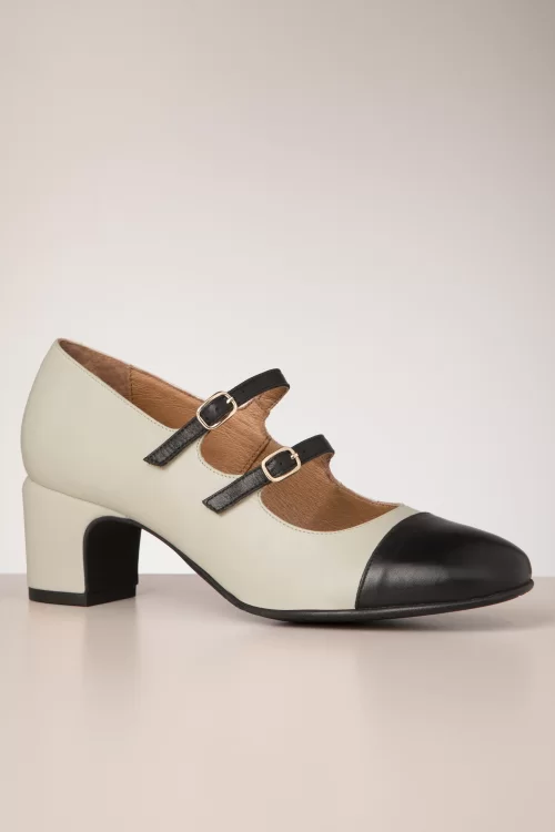 La Veintinueve Marcela lederen blokhak pumps in beige en zwart
