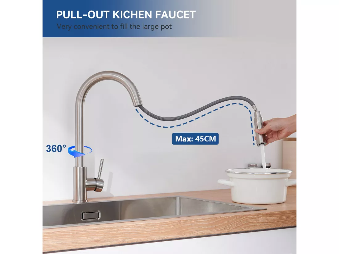 Mitigeur de Cuisine Douchette,Brossé,Robinet de Cuisine Rotatif à 360° avec Douchette Extensible 2 jets, Robinet de Cuisine en Acier Inoxydable