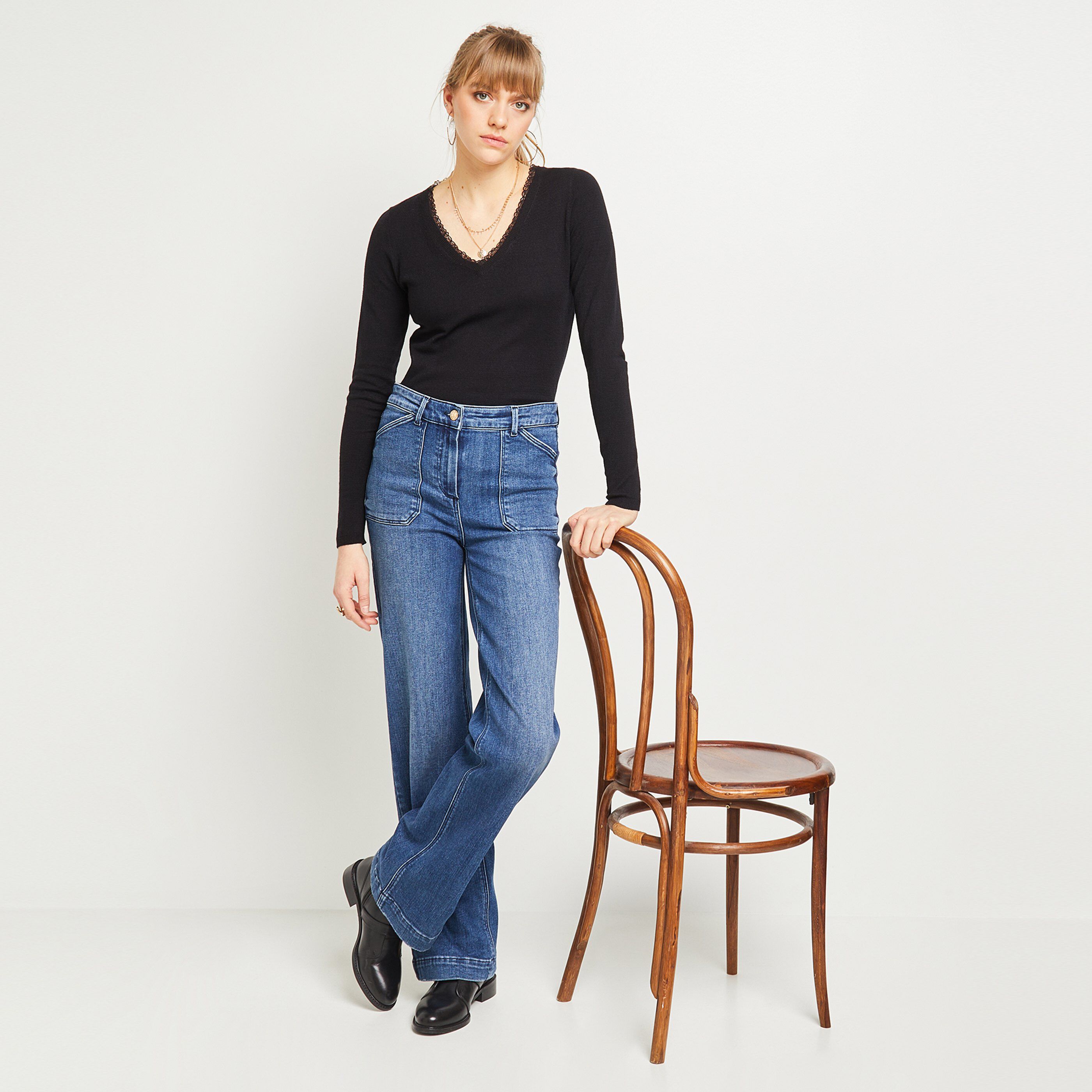 Pull col V noir femme - NOIR