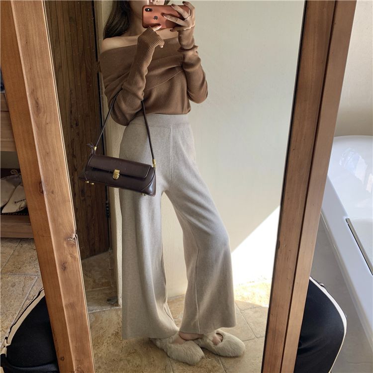 Alfie - Effen off-shoulder gebreide top met lange mouwen