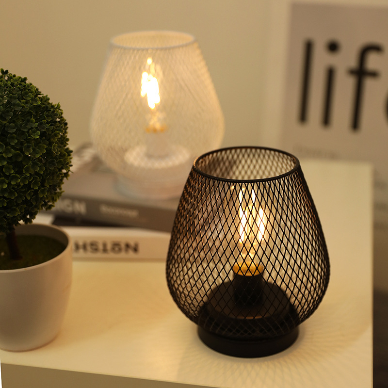 (17x13cm) Metall Tischleuchte Industrial Deko Nachttisch Gitter Lampe (Batteriebetrieben) - Warmweiss