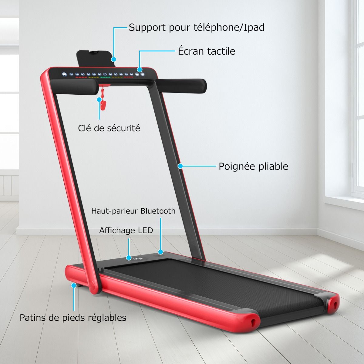 Tapis de Course Pliable 0,75HP Double Affichage LED APP et Télécommande Vitesse Motorisé 12 km/h Surface 40x100cm Rouge - Lidl-Manfred
