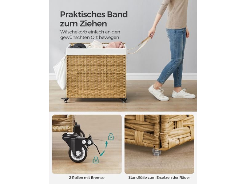 Songmics Wäschekorb  160 l, Hellbraun Wäschesammler mit drei Fächern