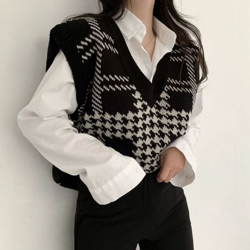 Moregirl - V-hals pied-de-poule trui