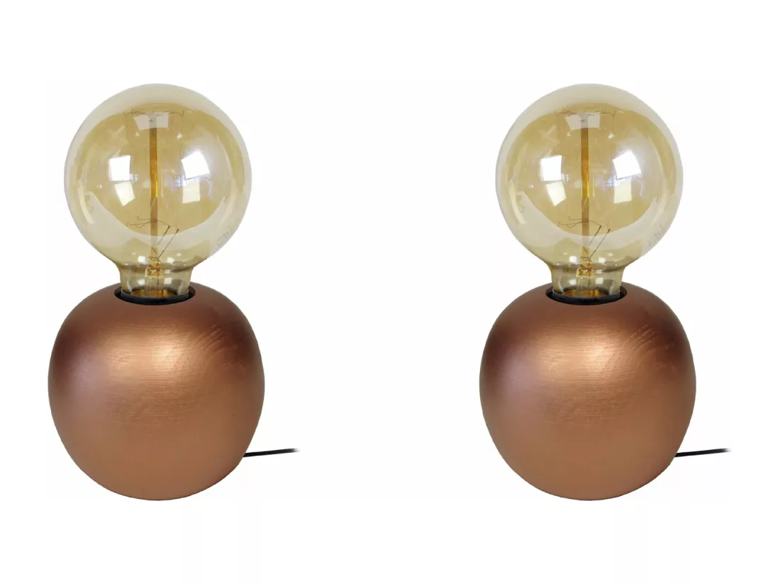Pair de Lampes de chevet globe bois cuivre 21 cm.