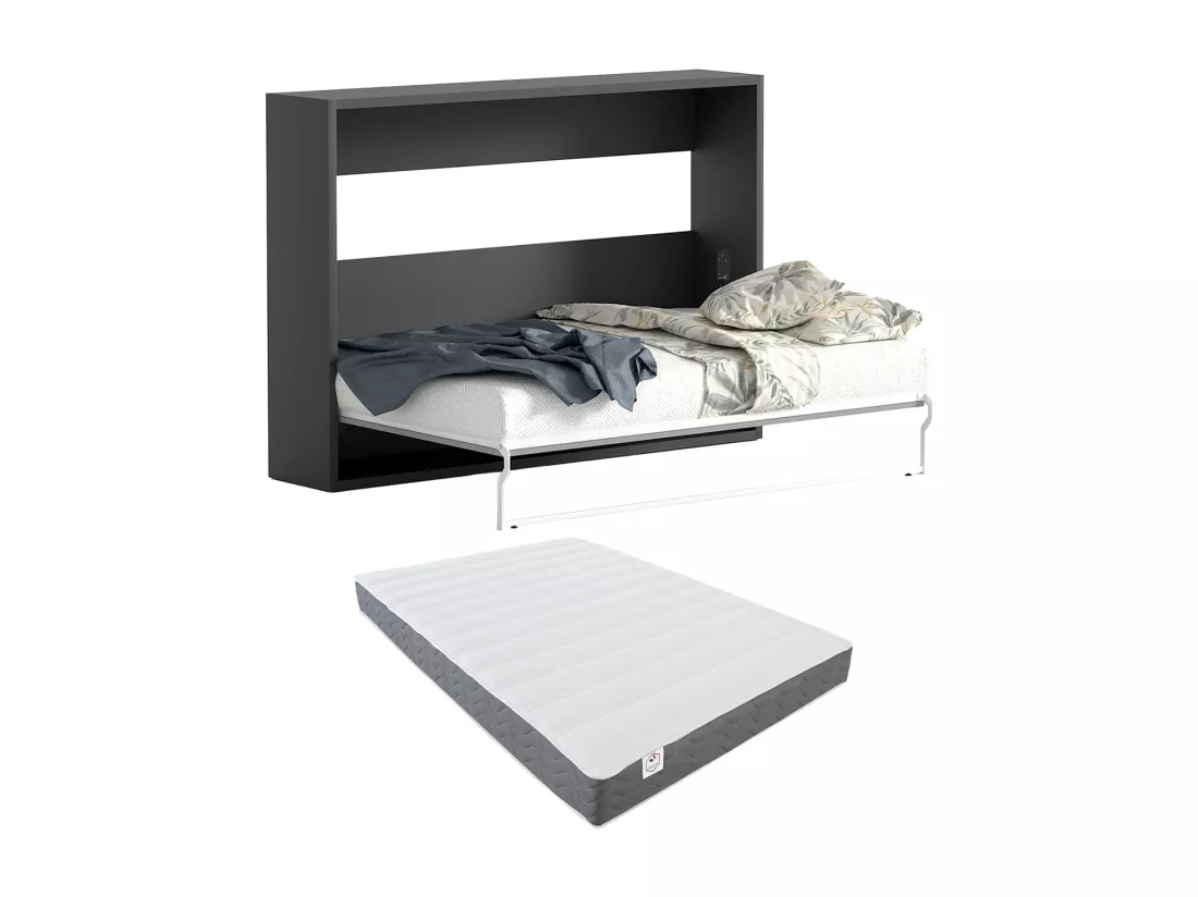 Lit escamotable 140 x 200 cm - Ouverture horizontale manuelle - Anthracite et naturel + Matelas - MALINA II