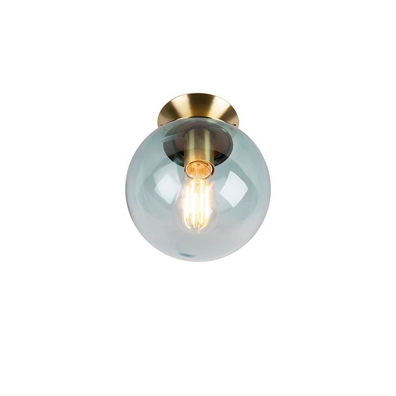 Art Deco plafondlamp messing met blauw glas - Pallon